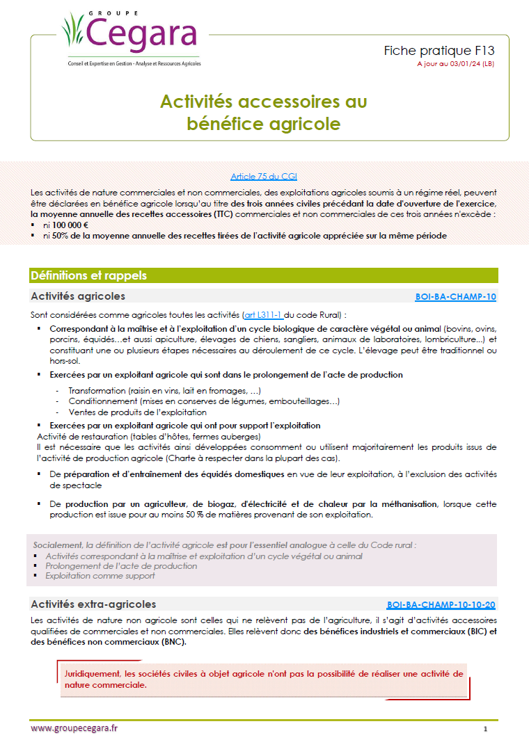 Activités accessoires d'un bénéfice agricole