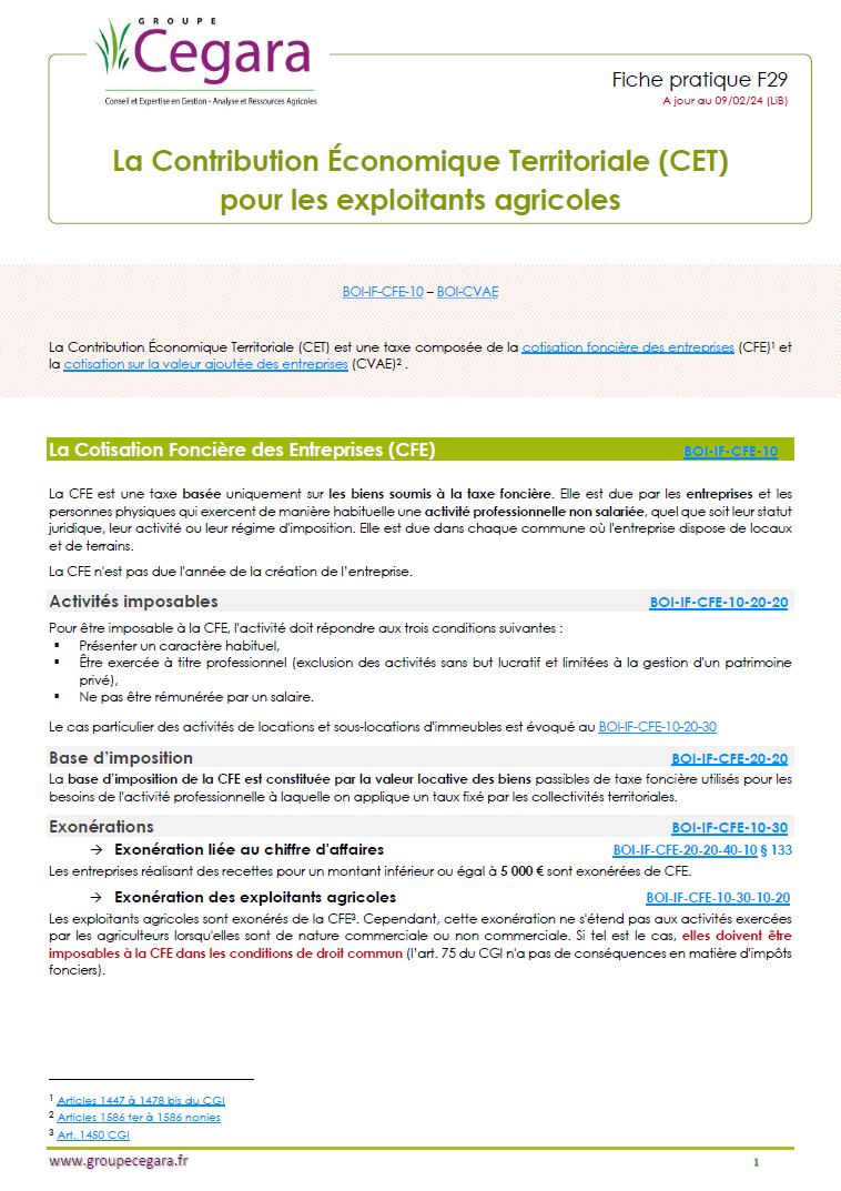 La Contribution Économique Territoriale (CET) pour les exploitants agricoles
