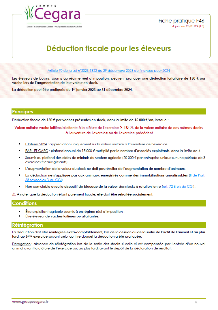 Déduction fiscale pour les éleveurs