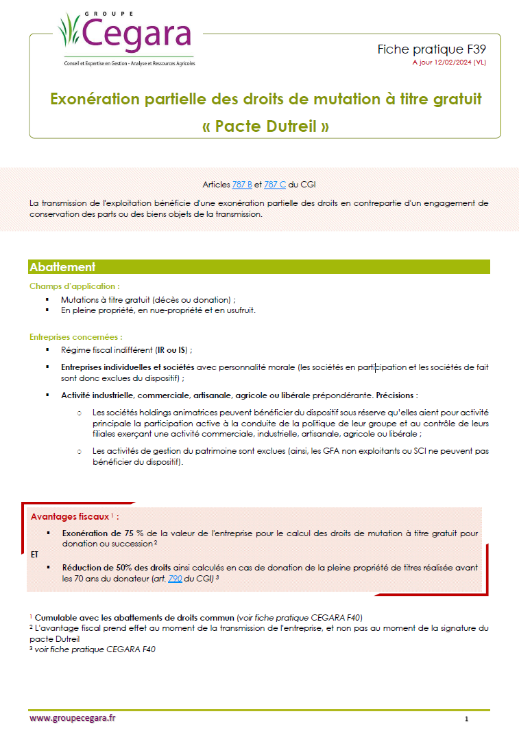 Exonération partielle des droits de mutation à titre gratuit : « Pacte Dutreil »
