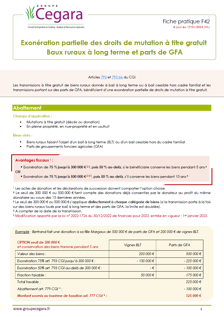 Exonération partielle des droits de mutation à titre gratuit : Baux ruraux à long terme et parts de GFA