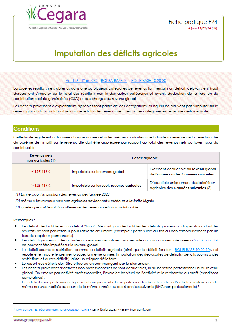 Imputation des déficits agricoles