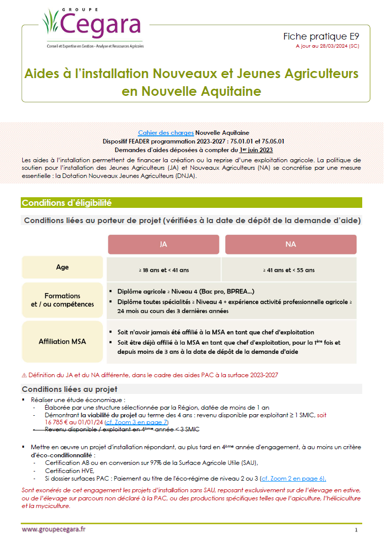 Aides à l'installation Nouveaux et Jeunes Agriculteurs en Nouvelle Aquitaine